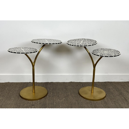 510 - SIDE TABLES, a pair, gilt metal base with twin Moorish design inlaid circular tops, 66cm H x 64cm W.... 