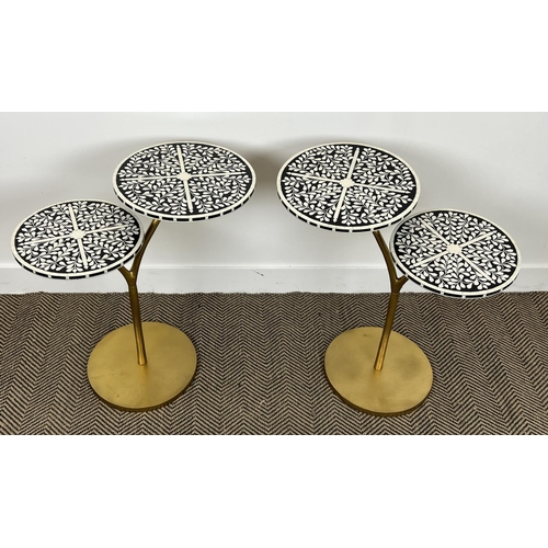 510 - SIDE TABLES, a pair, gilt metal base with twin Moorish design inlaid circular tops, 66cm H x 64cm W.... 