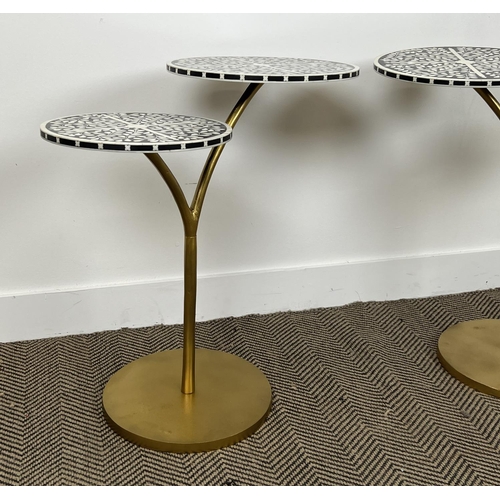 510 - SIDE TABLES, a pair, gilt metal base with twin Moorish design inlaid circular tops, 66cm H x 64cm W.... 