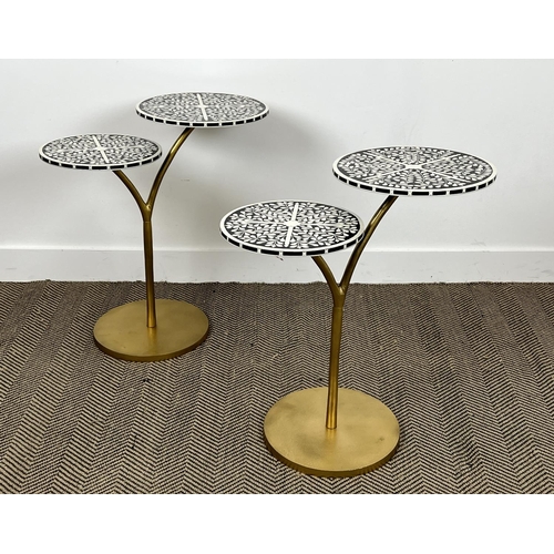 510 - SIDE TABLES, a pair, gilt metal base with twin Moorish design inlaid circular tops, 66cm H x 64cm W.... 