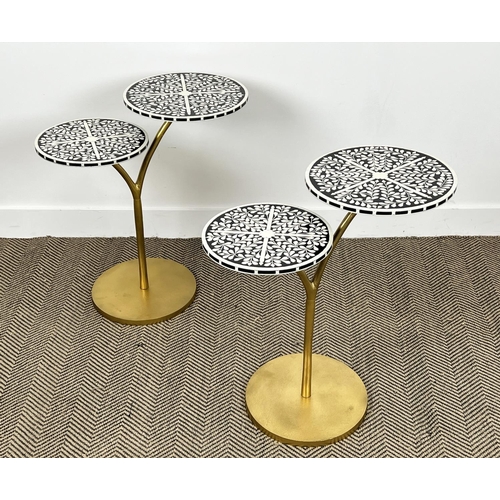 510 - SIDE TABLES, a pair, gilt metal base with twin Moorish design inlaid circular tops, 66cm H x 64cm W.... 