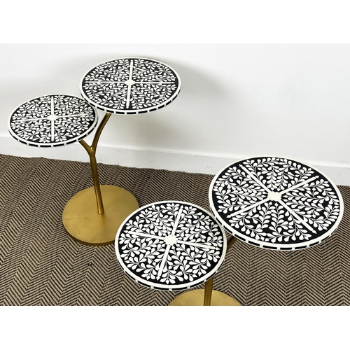 510 - SIDE TABLES, a pair, gilt metal base with twin Moorish design inlaid circular tops, 66cm H x 64cm W.... 