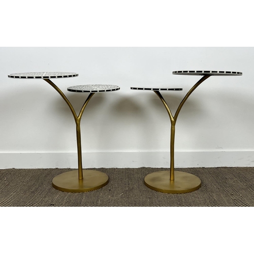 510 - SIDE TABLES, a pair, gilt metal base with twin Moorish design inlaid circular tops, 66cm H x 64cm W.... 