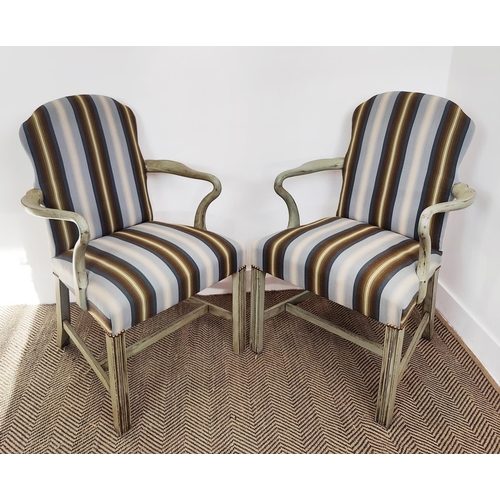 243 - ARMCHAIRS, a pair, Georgian style grey painted with striped upholstery, 96cm H x 62cm W x 59cm D. (2... 