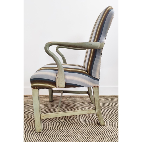 243 - ARMCHAIRS, a pair, Georgian style grey painted with striped upholstery, 96cm H x 62cm W x 59cm D. (2... 