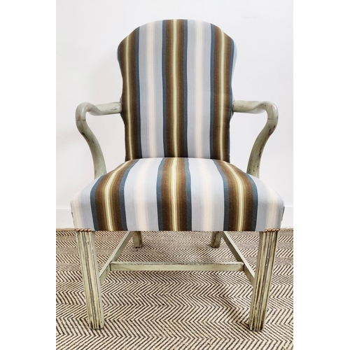 243 - ARMCHAIRS, a pair, Georgian style grey painted with striped upholstery, 96cm H x 62cm W x 59cm D. (2... 