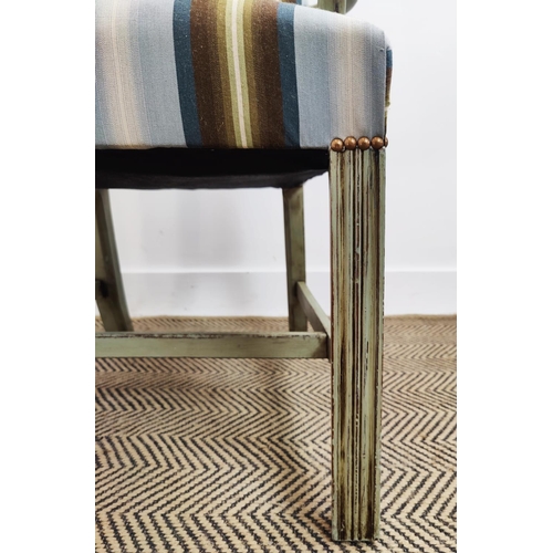 243 - ARMCHAIRS, a pair, Georgian style grey painted with striped upholstery, 96cm H x 62cm W x 59cm D. (2... 