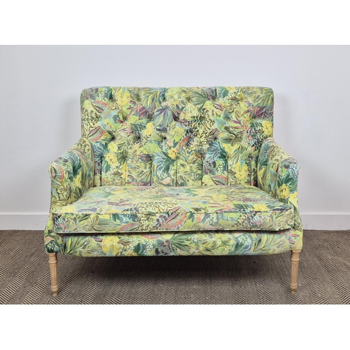 245 - SOFA, yellow and green leaf patterned velvet on fluted legs, 97cm H x 128cm W x 72cm D.