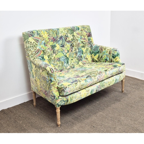 245 - SOFA, yellow and green leaf patterned velvet on fluted legs, 97cm H x 128cm W x 72cm D.