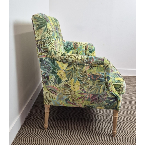 245 - SOFA, yellow and green leaf patterned velvet on fluted legs, 97cm H x 128cm W x 72cm D.