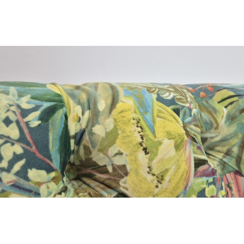 245 - SOFA, yellow and green leaf patterned velvet on fluted legs, 97cm H x 128cm W x 72cm D.