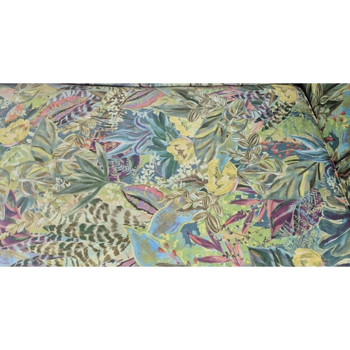 245 - SOFA, yellow and green leaf patterned velvet on fluted legs, 97cm H x 128cm W x 72cm D.