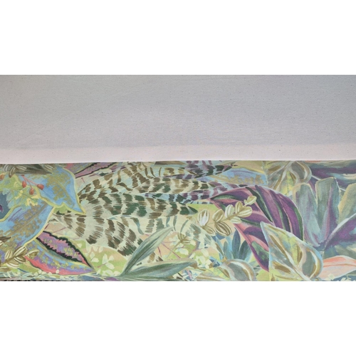 245 - SOFA, yellow and green leaf patterned velvet on fluted legs, 97cm H x 128cm W x 72cm D.