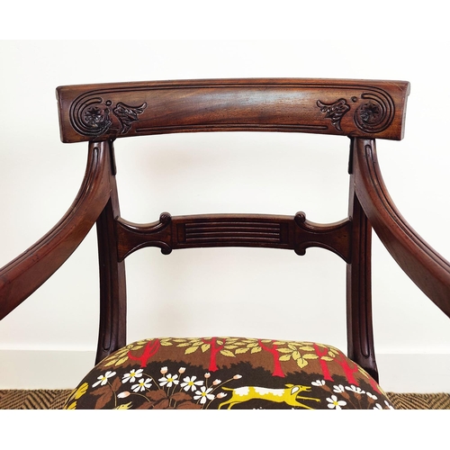 246 - ARMCHAIRS, two similar George IV mahogany with seats in animal print fabric, 86cm H x 57cm W and 52c... 