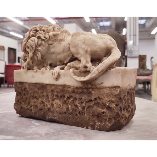 53 - REZZONICO LIONS AFTER CANOVA, a pair, simulated marble of recent manufacture, 22cm H x 10cm W x 29cm... 