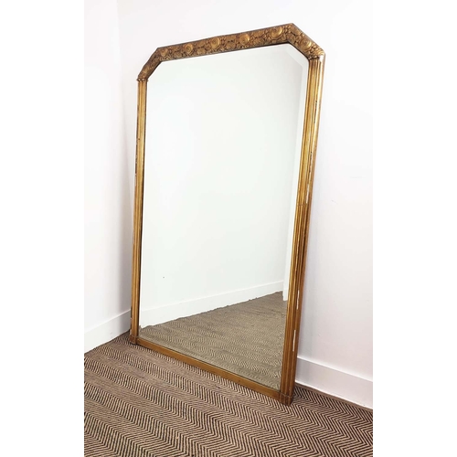 240 - OVERMANTEL MIRROR, Art Deco with a gilt frame floral border to top enclosing a bevelled plate, 159cm... 