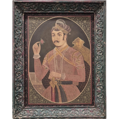 116 - MUGHAL SCHOOL, 'Portraits of a Young Regal Couple', oil on silk laid on board, 96cm x 71cm, polychro... 