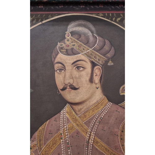 116 - MUGHAL SCHOOL, 'Portraits of a Young Regal Couple', oil on silk laid on board, 96cm x 71cm, polychro... 