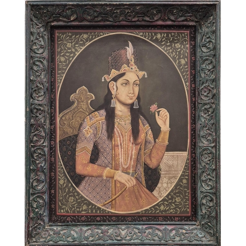 116 - MUGHAL SCHOOL, 'Portraits of a Young Regal Couple', oil on silk laid on board, 96cm x 71cm, polychro... 