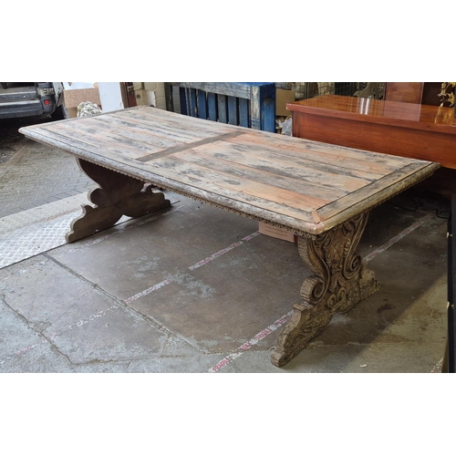 511 - TUSCAN FARMHOUSE TABLE, carved walnut dolphin design base with a planked top, 79cm H x 249cm x 101cm... 