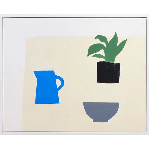 97B - PHIL JOHNS, 'Still Life with Blue Jug and Pot Plant', oil on canvas, 40cm x 49cm, signer verso, fram... 