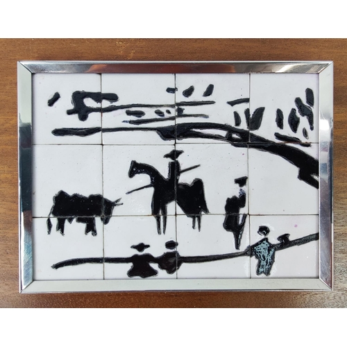 30A - PABLO PICASSO, Toro y Torres ceramic tile plaque, 15cm x 11cm, (each tile approx 4cm) on frame, 22cm... 