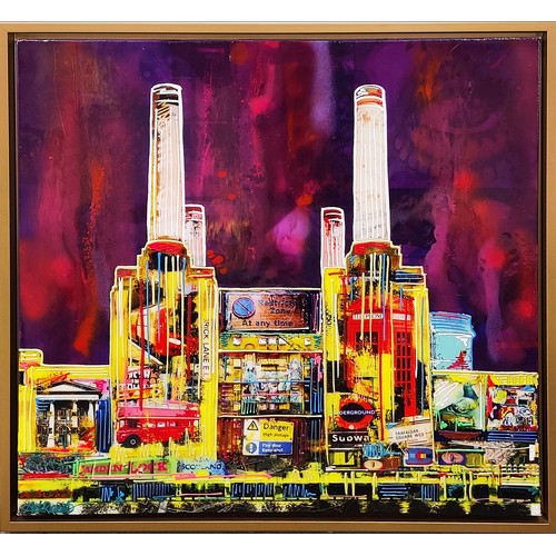 53 - AMBER-JANE RAAB, 'Battersea Power Station' acrylic on canvas, 91cm x 91cm, framed.