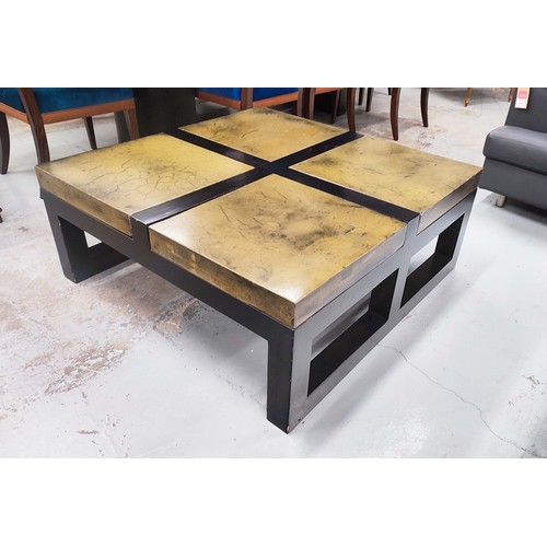 405 - LOW TABLE, with four heavy greenish sections in a black frame, 103cm W x 103cm D x 46cm H.