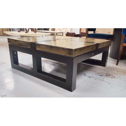 405 - LOW TABLE, with four heavy greenish sections in a black frame, 103cm W x 103cm D x 46cm H.