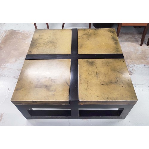 405 - LOW TABLE, with four heavy greenish sections in a black frame, 103cm W x 103cm D x 46cm H.