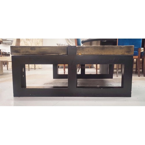 405 - LOW TABLE, with four heavy greenish sections in a black frame, 103cm W x 103cm D x 46cm H.