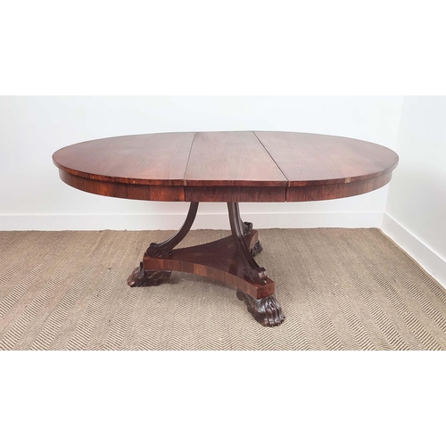 407 - DINING TABLE, extendable, with one extra leaf on a triform base with hairy paw carved feet, 72cm H x... 