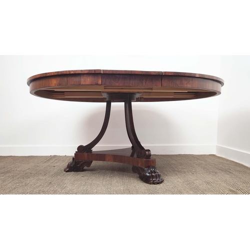 407 - DINING TABLE, extendable, with one extra leaf on a triform base with hairy paw carved feet, 72cm H x... 