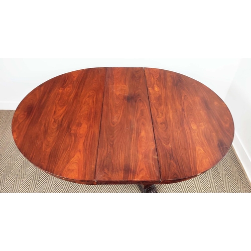 407 - DINING TABLE, extendable, with one extra leaf on a triform base with hairy paw carved feet, 72cm H x... 