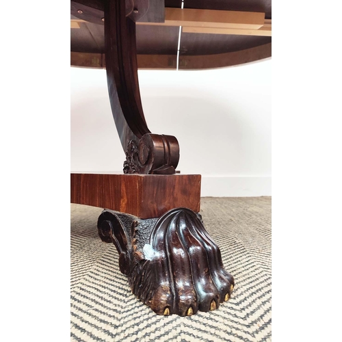 407 - DINING TABLE, extendable, with one extra leaf on a triform base with hairy paw carved feet, 72cm H x... 