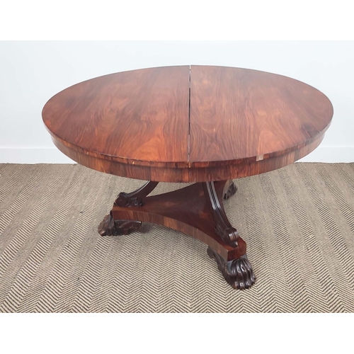 407 - DINING TABLE, extendable, with one extra leaf on a triform base with hairy paw carved feet, 72cm H x... 