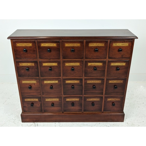 408 - BANK OF DRAWERS, with sixteen drawers and vintage apothecary style labels, 89cm H x 104cm W x 27cm D... 