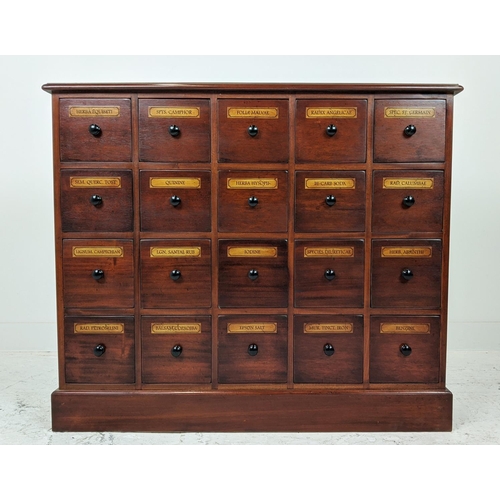 408 - BANK OF DRAWERS, with sixteen drawers and vintage apothecary style labels, 89cm H x 104cm W x 27cm D... 