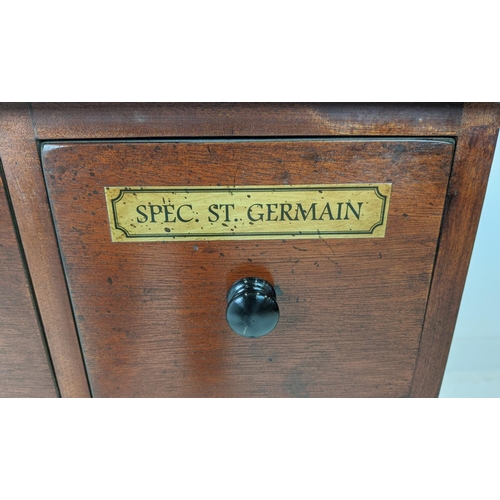 408 - BANK OF DRAWERS, with sixteen drawers and vintage apothecary style labels, 89cm H x 104cm W x 27cm D... 