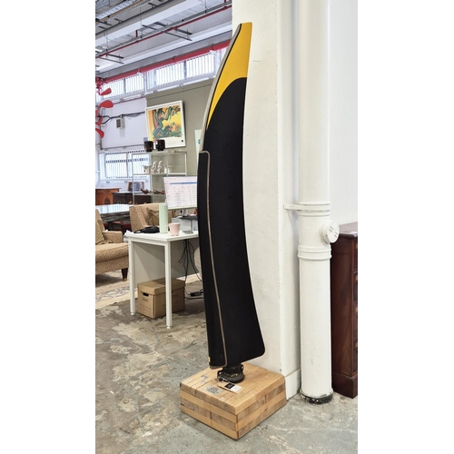 409 - PROPELLER ON STAND, carbon fibre and aluminium on wood, 191cm H.