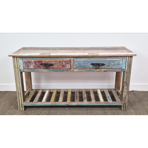 410 - CONSOLE TABLE, distressed in a salvaged effect polychrome wood finish, 143cm W x 44cm D x 78cm H.