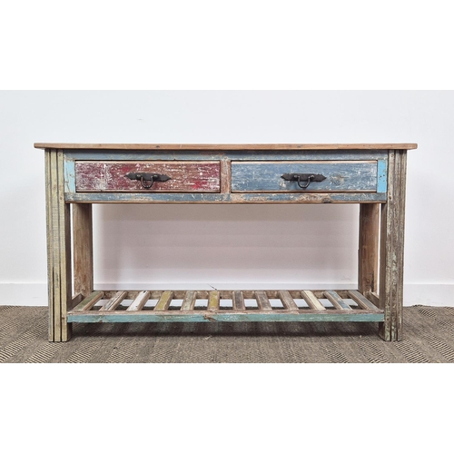 410 - CONSOLE TABLE, distressed in a salvaged effect polychrome wood finish, 143cm W x 44cm D x 78cm H.