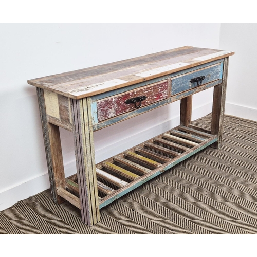 410 - CONSOLE TABLE, distressed in a salvaged effect polychrome wood finish, 143cm W x 44cm D x 78cm H.