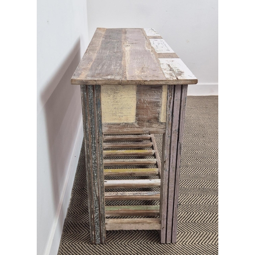 410 - CONSOLE TABLE, distressed in a salvaged effect polychrome wood finish, 143cm W x 44cm D x 78cm H.