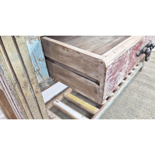 410 - CONSOLE TABLE, distressed in a salvaged effect polychrome wood finish, 143cm W x 44cm D x 78cm H.