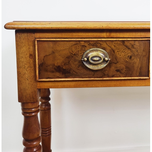 394 - HALL TABLE, Victorian style burr walnut, with five short frieze drawers on turned supports, 73cm H x... 