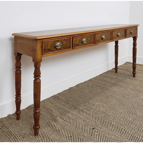 394 - HALL TABLE, Victorian style burr walnut, with five short frieze drawers on turned supports, 73cm H x... 