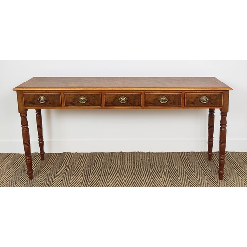 394 - HALL TABLE, Victorian style burr walnut, with five short frieze drawers on turned supports, 73cm H x... 