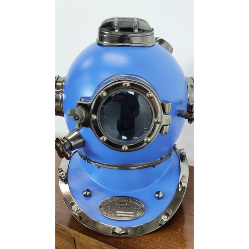 398 - DECORATIVE REPRODUCTION DIVERS HELMET, blue finish, 42cm H.