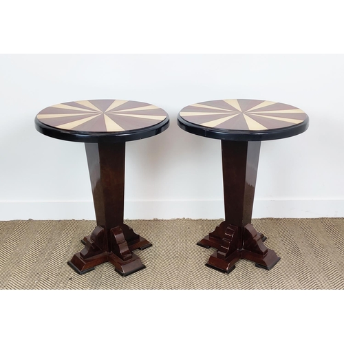 397 - SIDE TABLES, a pair, Art Deco style, segmented design tops on column base, 74cm H x 60cm W. (2)